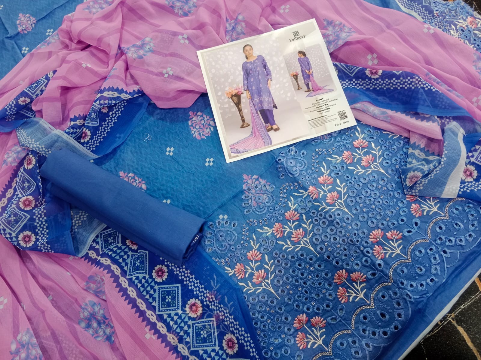 Zellbury 3-Piece Embroidered Lawn Suit – Blue & Purple