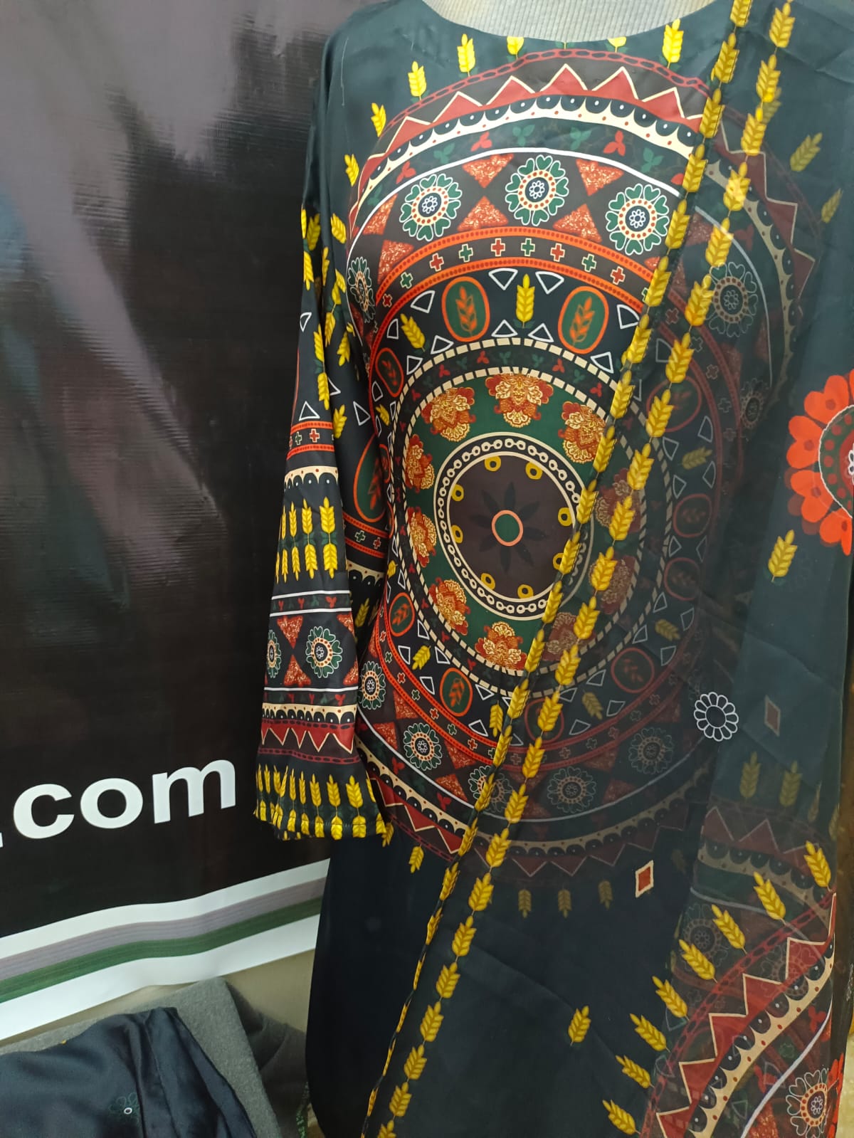 Black Digital Printed Kurta Set with Mandala Design & Matching Dupatta