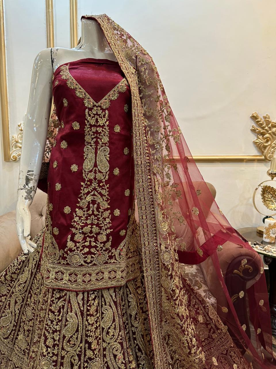 New Arrival – Maroon Indian Net Lehenga with Heavy Work, Shirt & One-Sided Border Dupatta