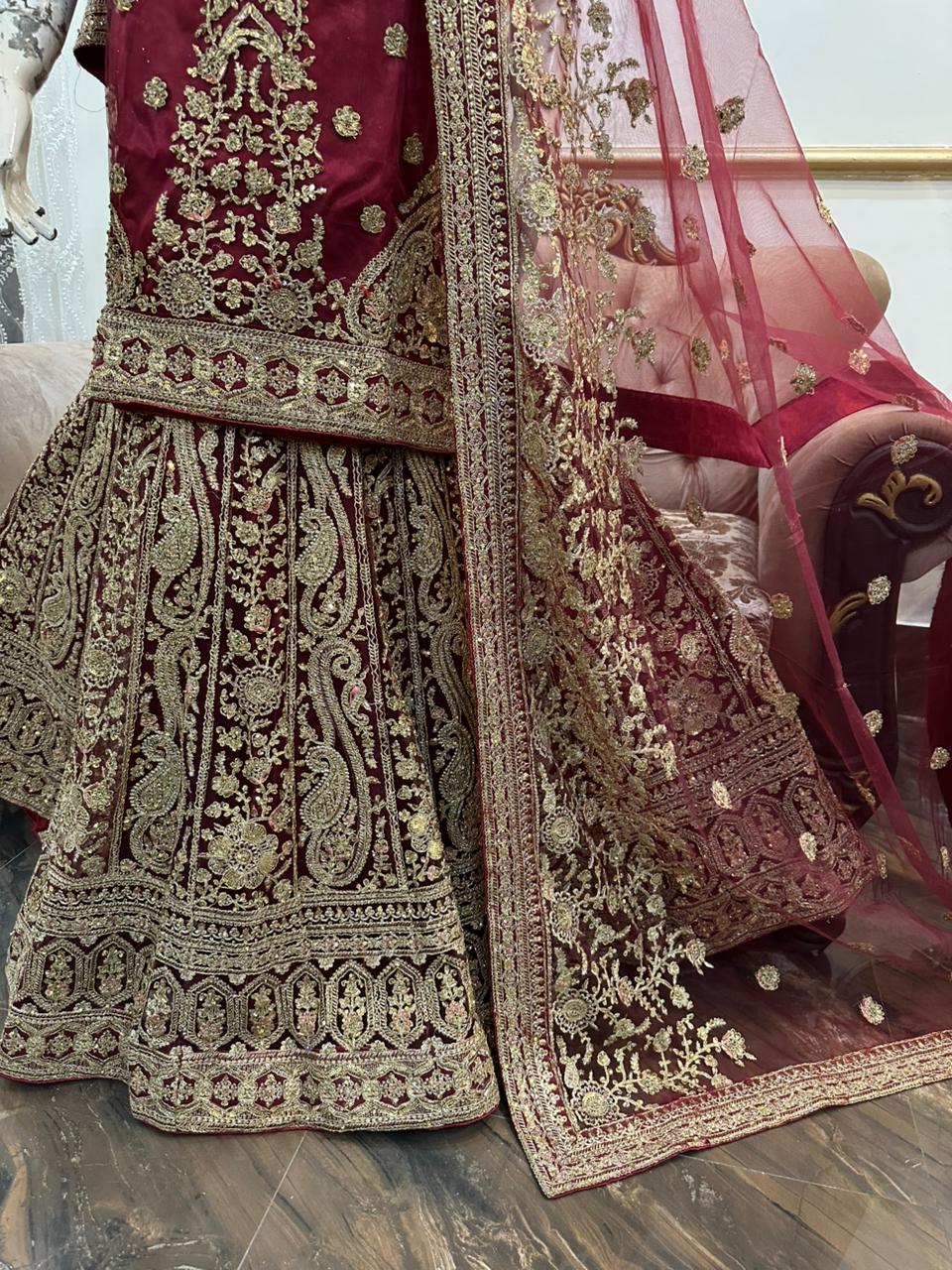New Arrival – Maroon Indian Net Lehenga with Heavy Work, Shirt & One-Sided Border Dupatta