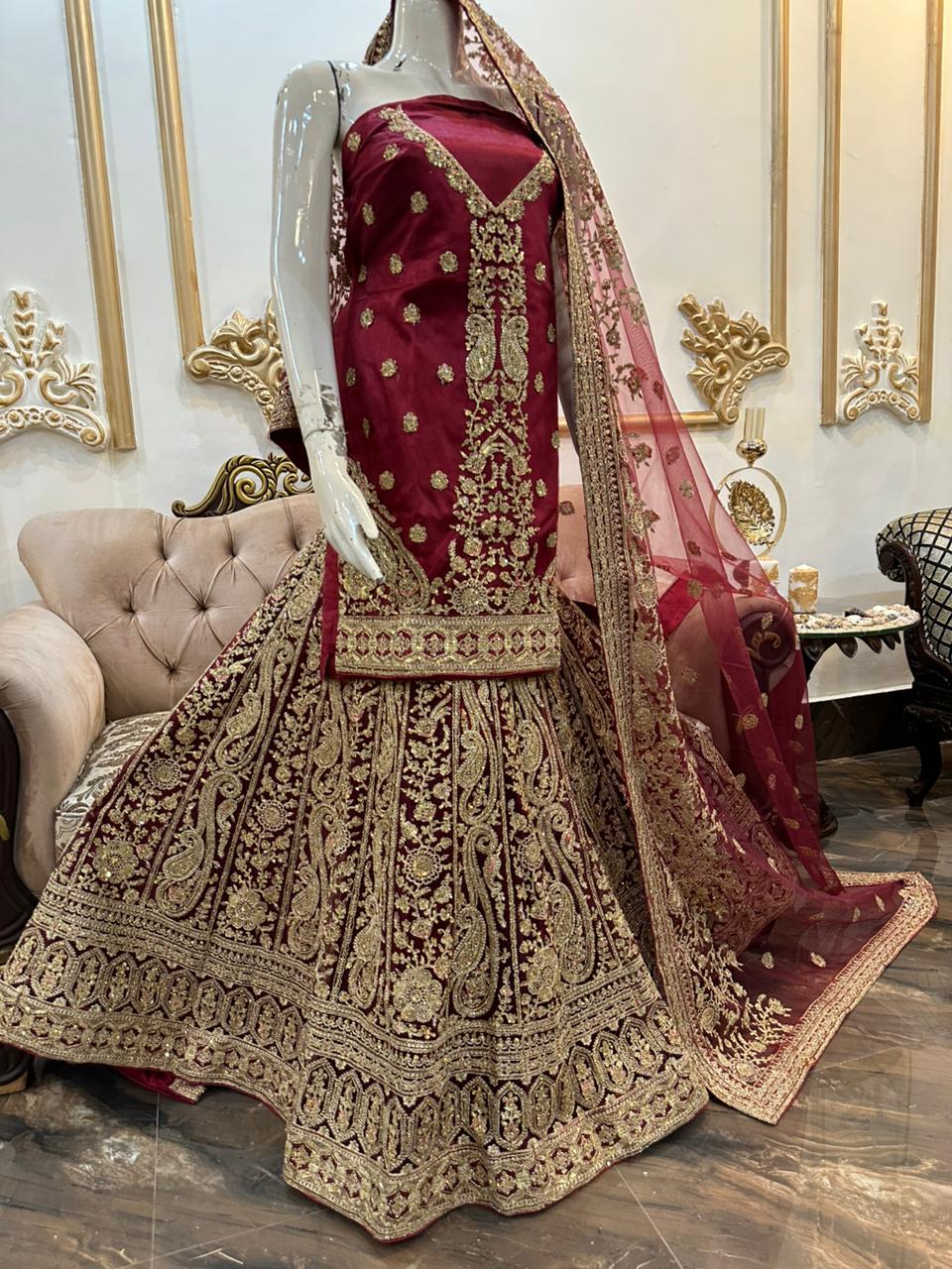 New Arrival – Maroon Indian Net Lehenga with Heavy Work, Shirt & One-Sided Border Dupatta