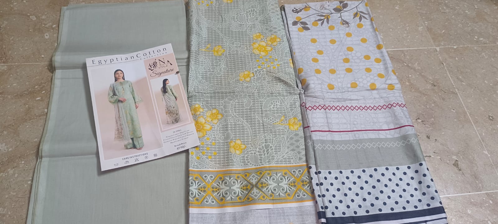 Egyptian Cotton 3-Piece Suit – Pastel Green with Yellow Floral Embroidery & Printed Dupatta