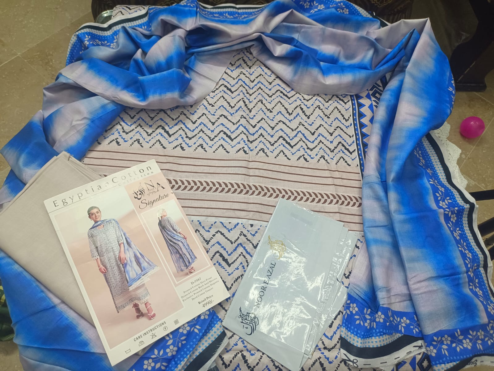 Egyptian Cotton 3-Piece Suit – Blue & White Printed with Gradient Dupatta