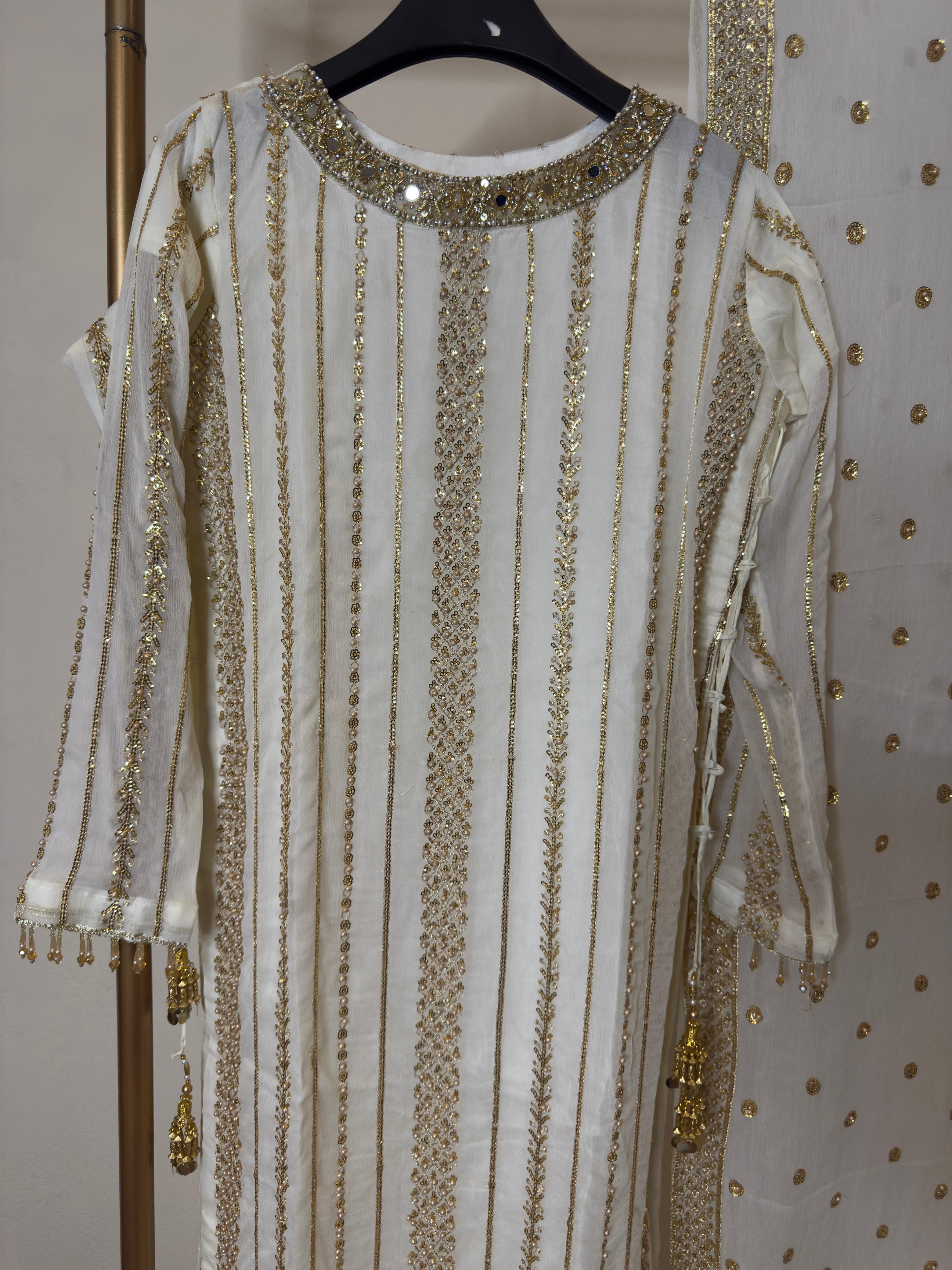 Wedding Collection – Chiffon Sequence & Pearl Work Long Shirt with Fancy Dupatta & Crush Sharara