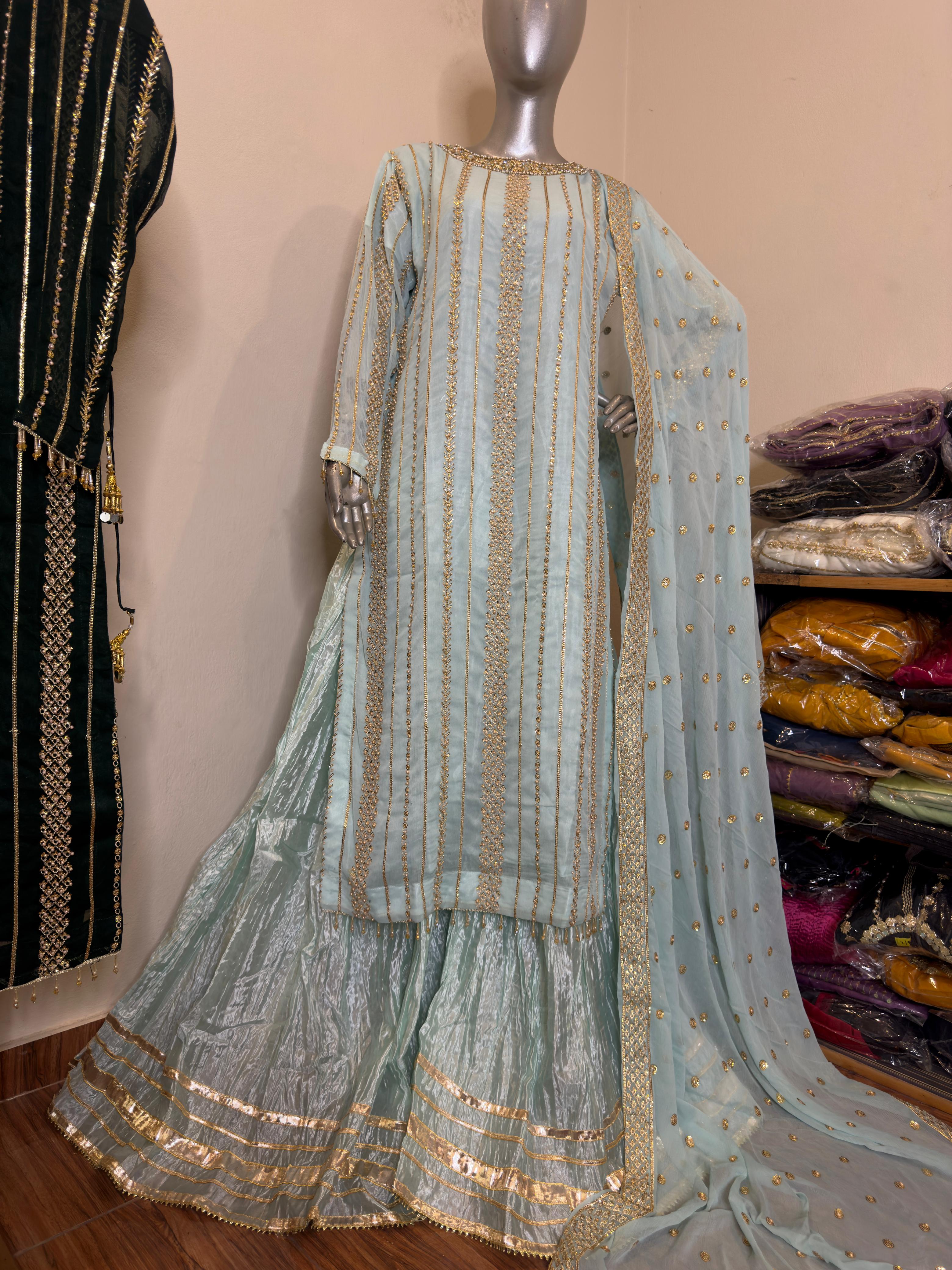 Wedding Collection – Chiffon Sequence & Pearl Work Long Shirt with Fancy Dupatta & Crush Sharara