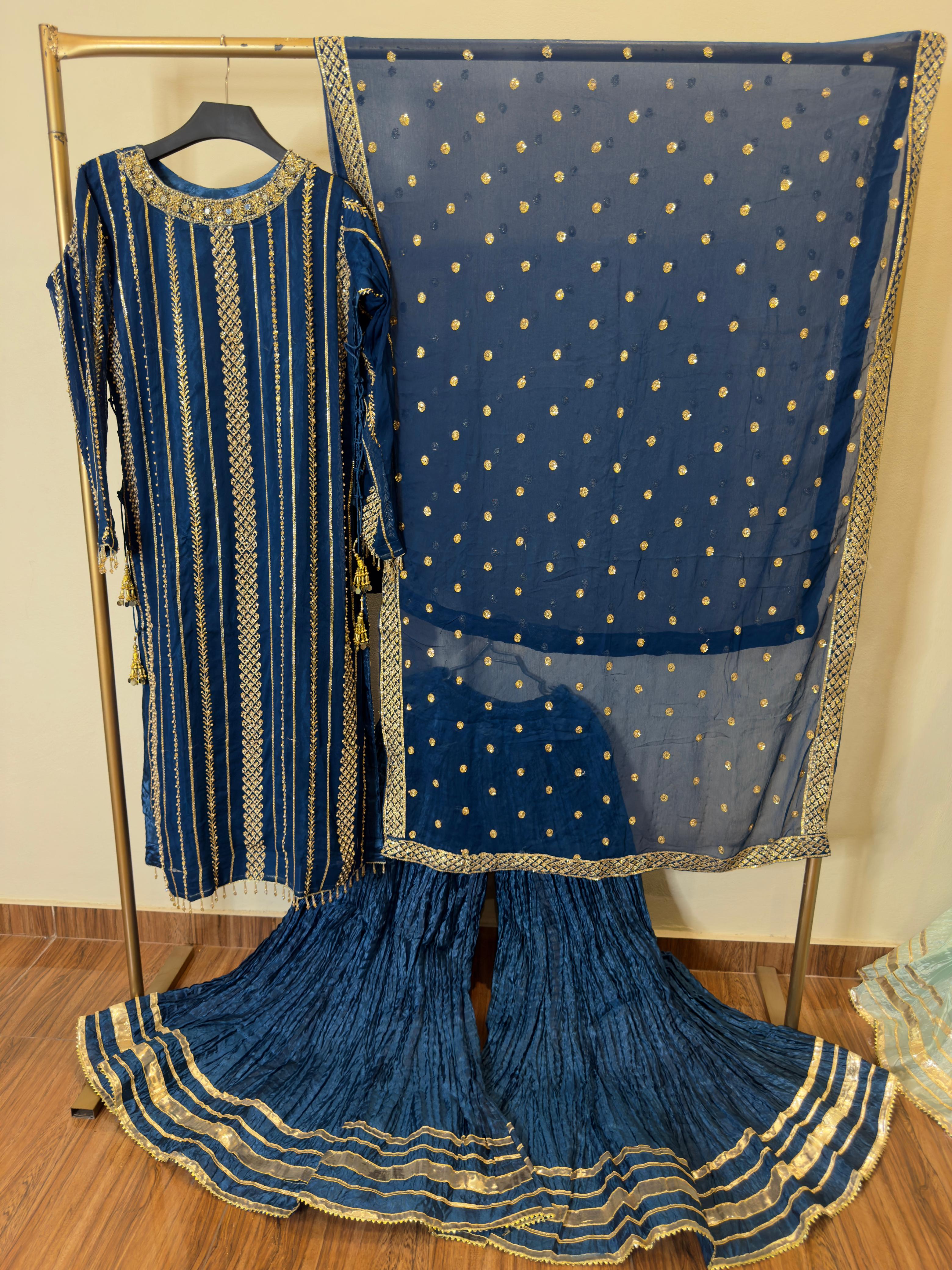 Wedding Collection – Chiffon Sequence & Pearl Work Long Shirt with Fancy Dupatta & Crush Sharara