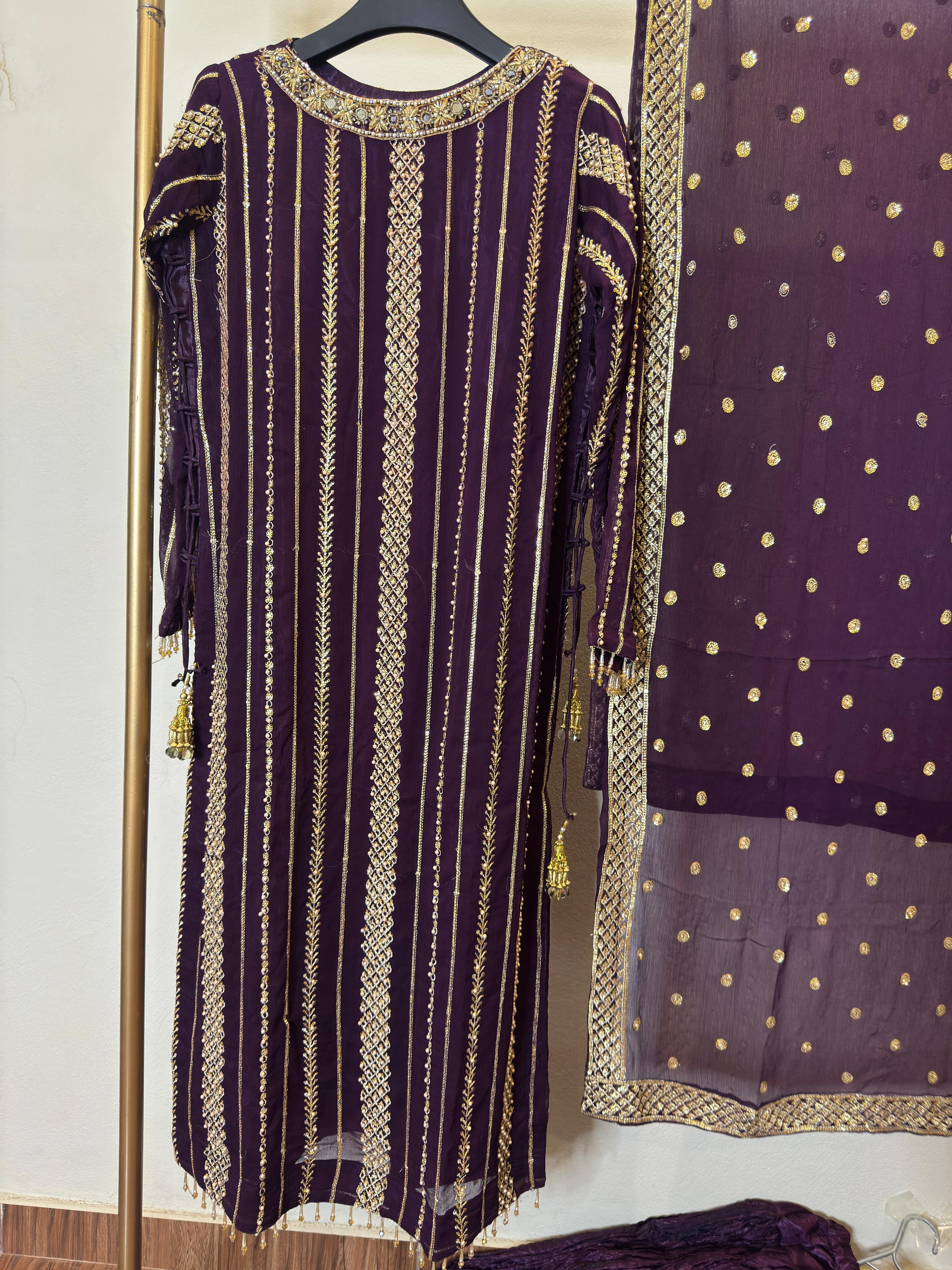 Wedding Collection – Chiffon Sequence & Pearl Work Long Shirt with Fancy Dupatta & Crush Sharara