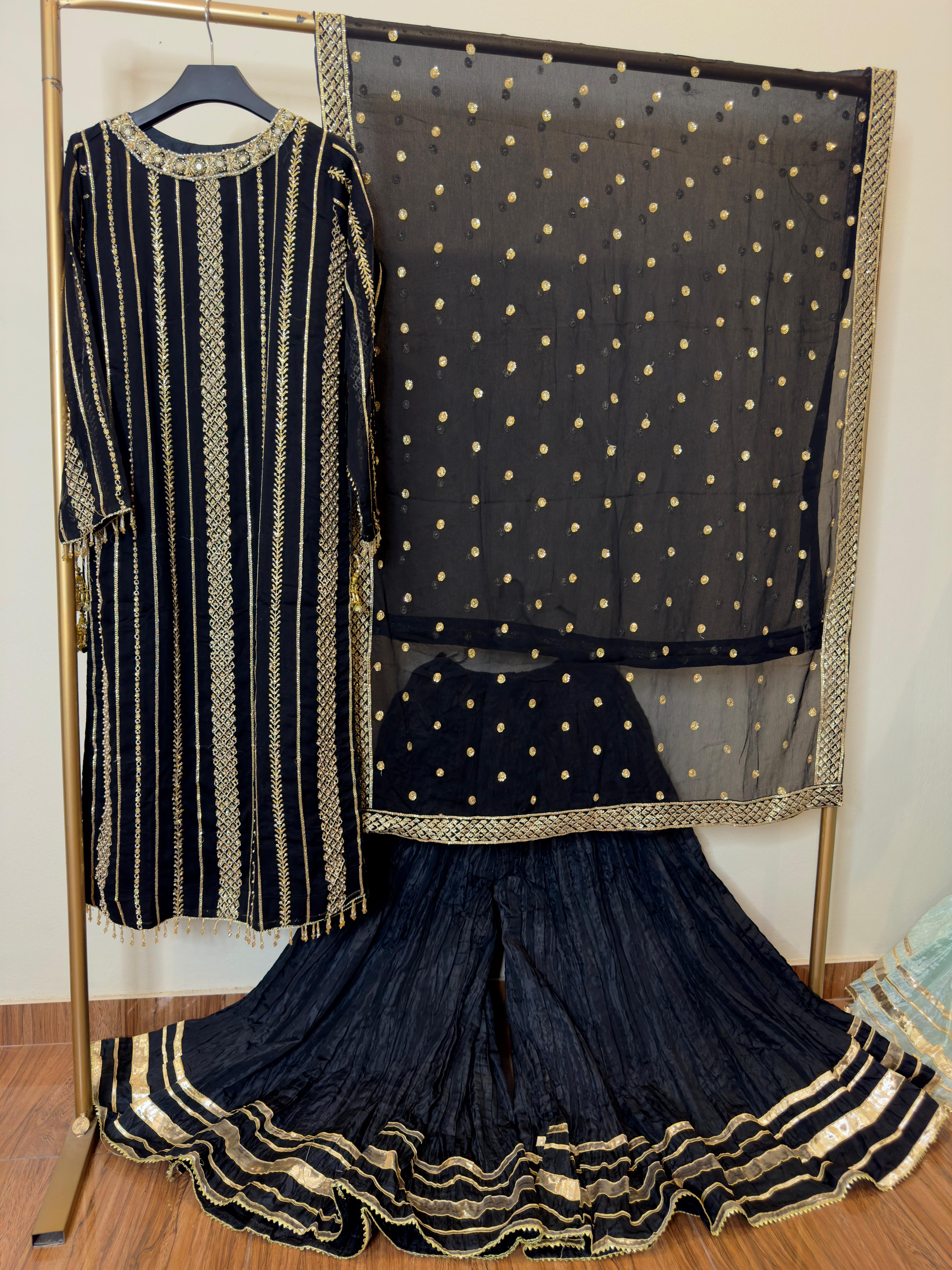 Wedding Collection – Chiffon Sequence & Pearl Work Long Shirt with Fancy Dupatta & Crush Sharara