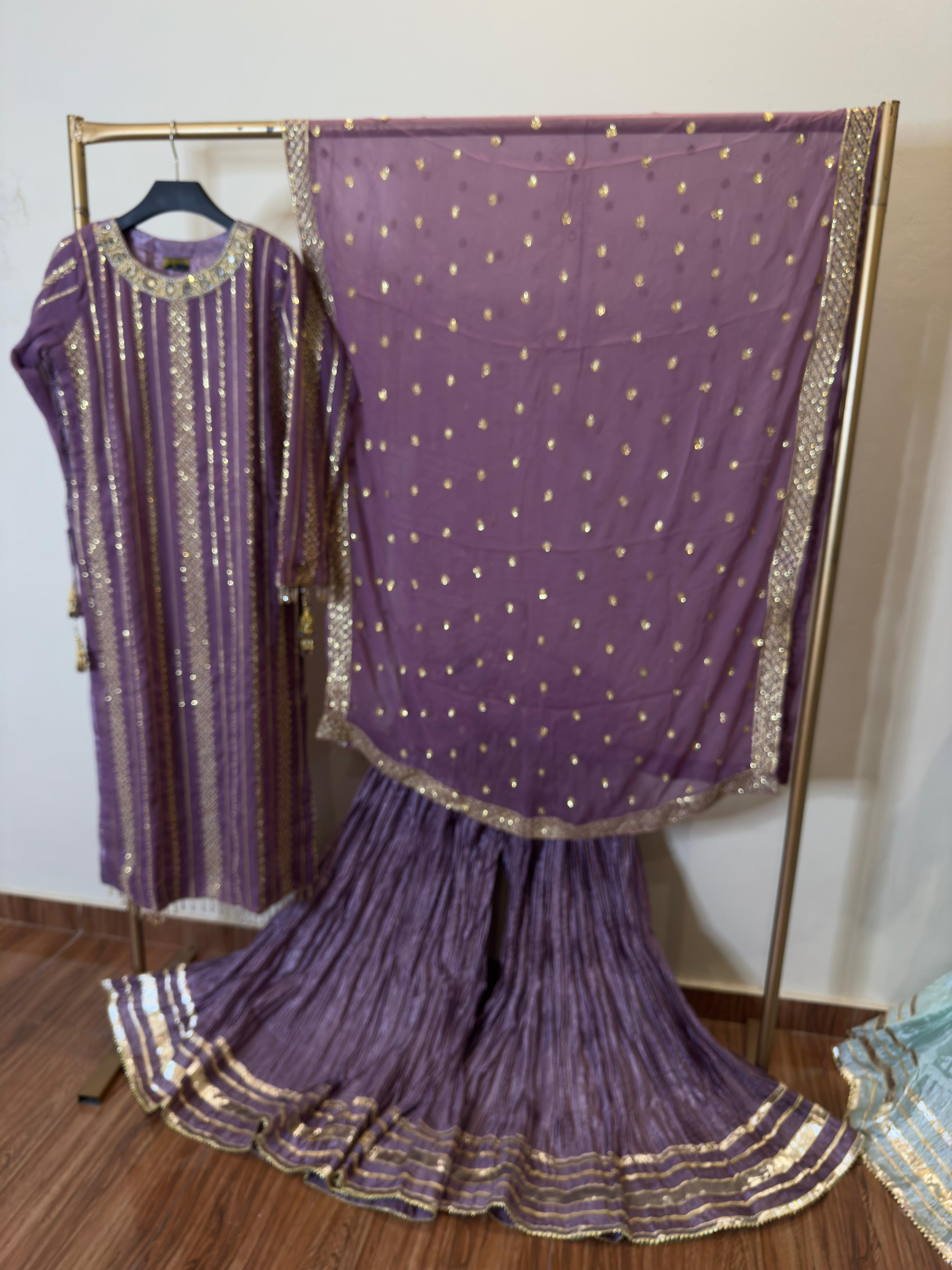 Wedding Collection – Chiffon Sequence & Pearl Work Long Shirt with Fancy Dupatta & Crush Sharara