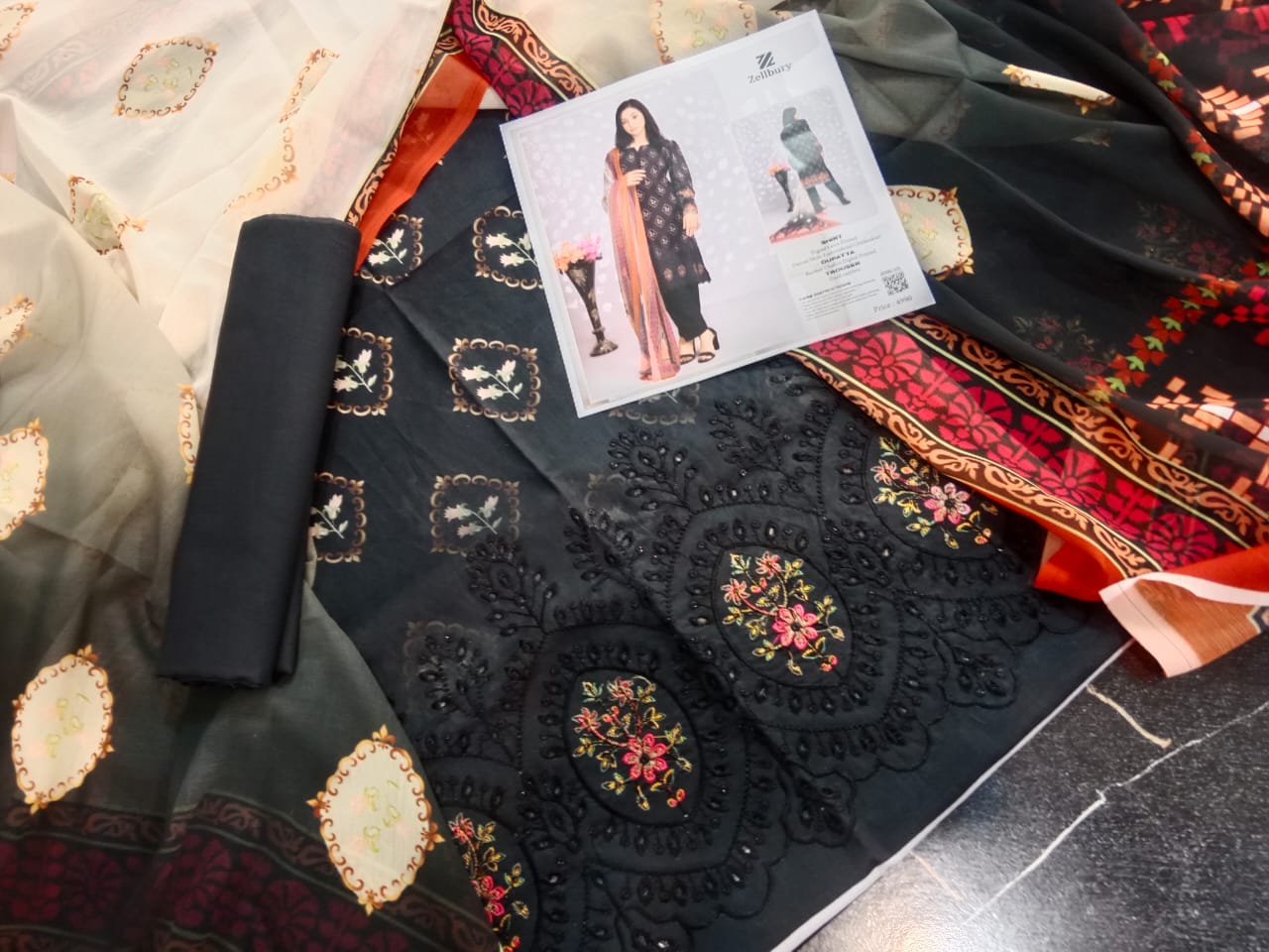 Zellbury Embroidered 3-Piece Unstitched Lawn Suit – Black & Beige with Printed Dupatta