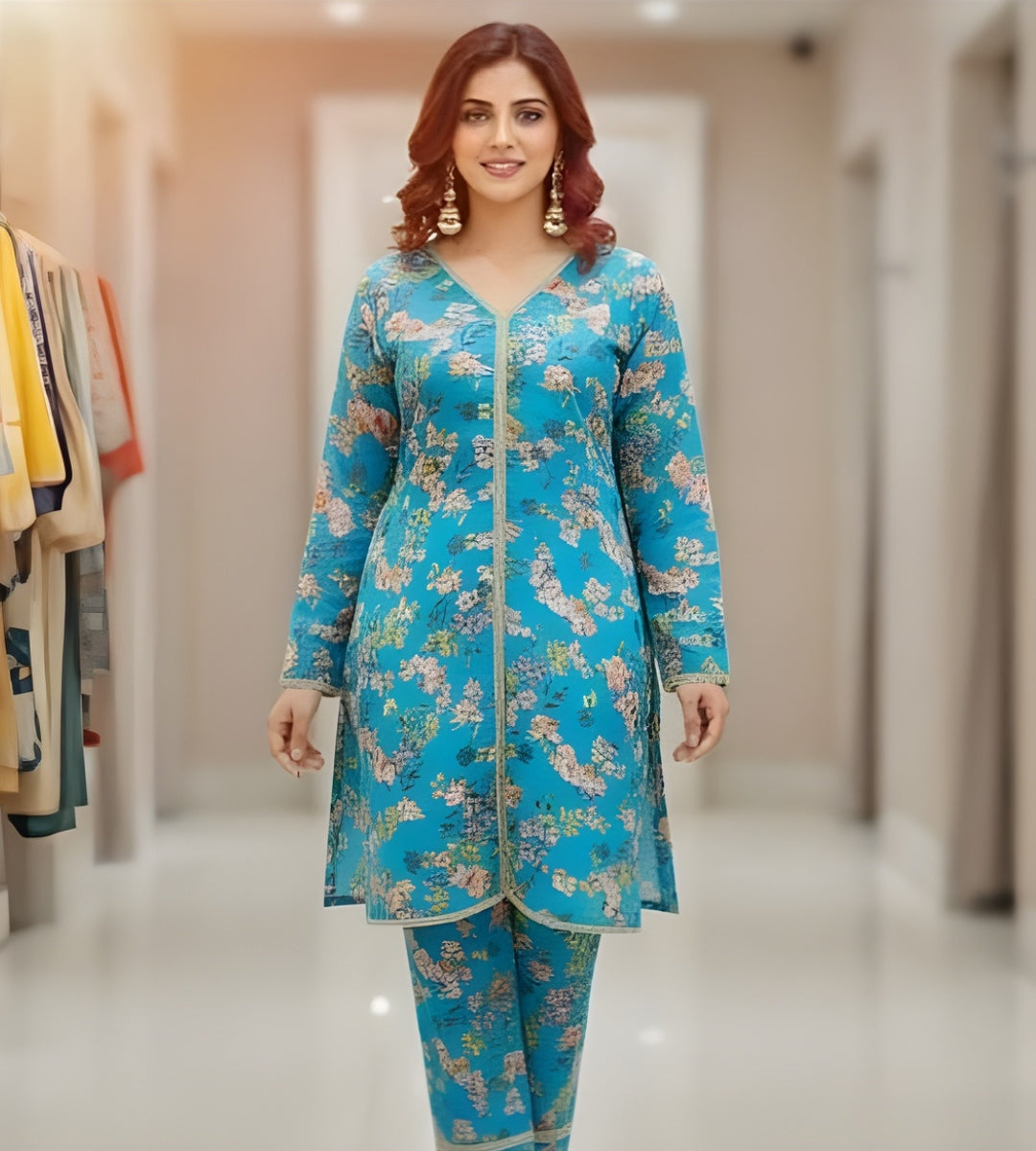 Elegant Blue Floral Printed 2-Piece Suit