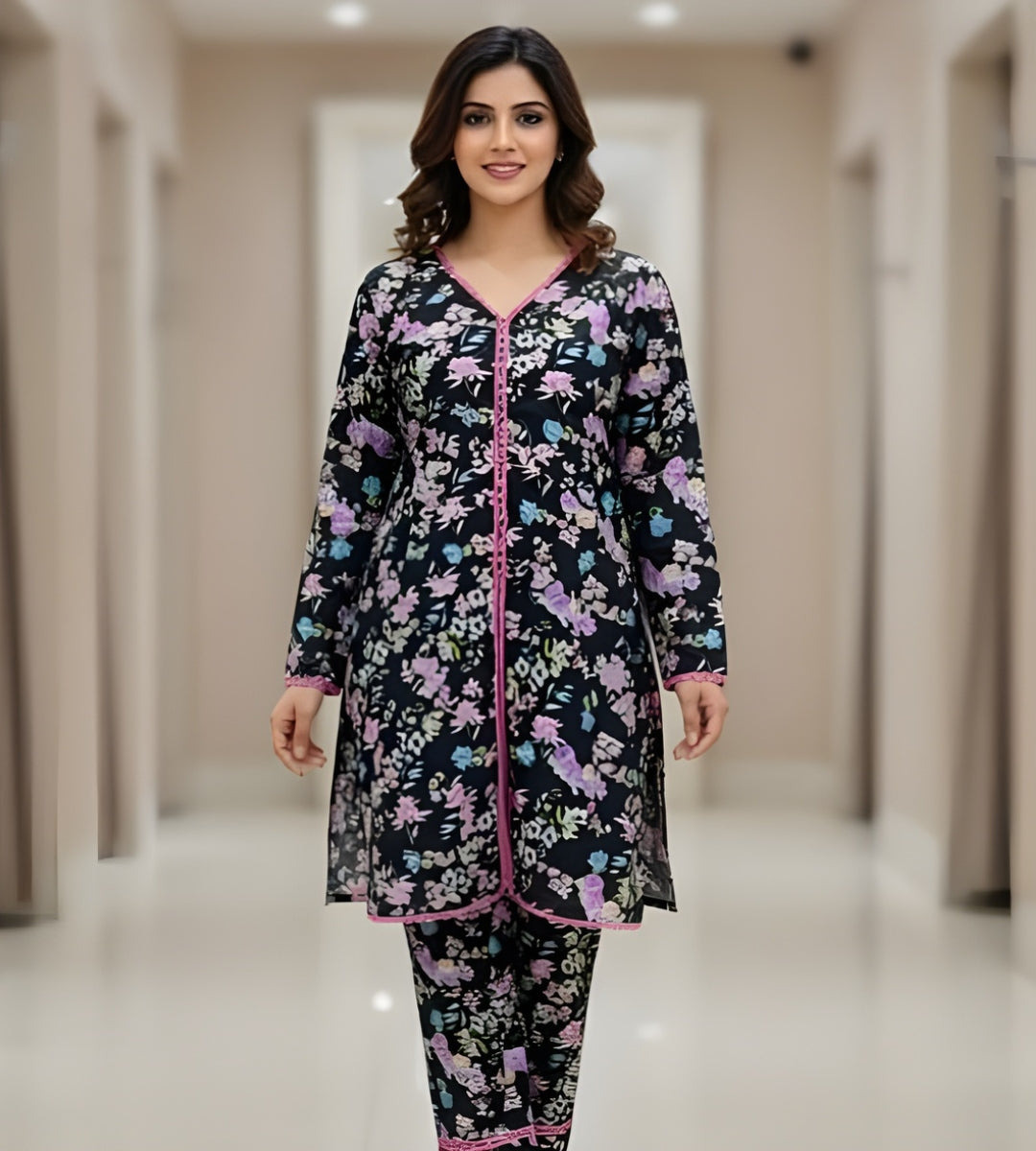 Floral Printed 2-Piece Suit – Black Base with Multicolor Flowers