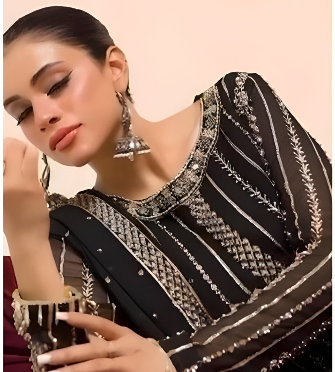 Wedding Collection – Chiffon Sequence & Pearl Work Long Shirt with Fancy Dupatta & Crush Sharara