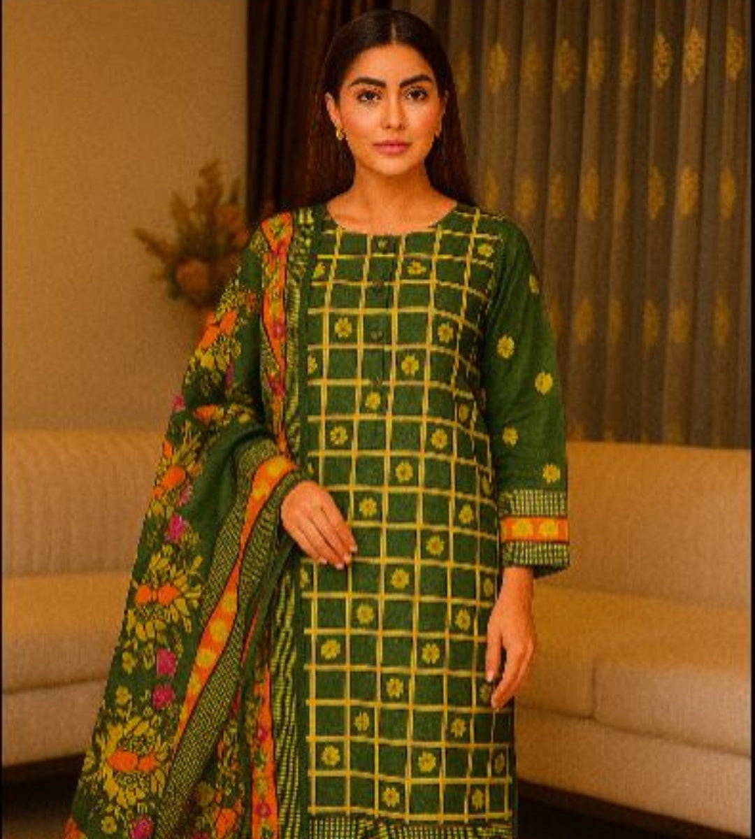 Elegant Green Egyptian Cotton 3-Piece Suit with Vibrant Floral Print & Cotton Dupatta