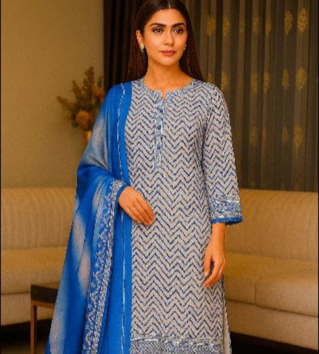 Egyptian Cotton 3-Piece Suit – Blue & White Printed with Gradient Dupatta