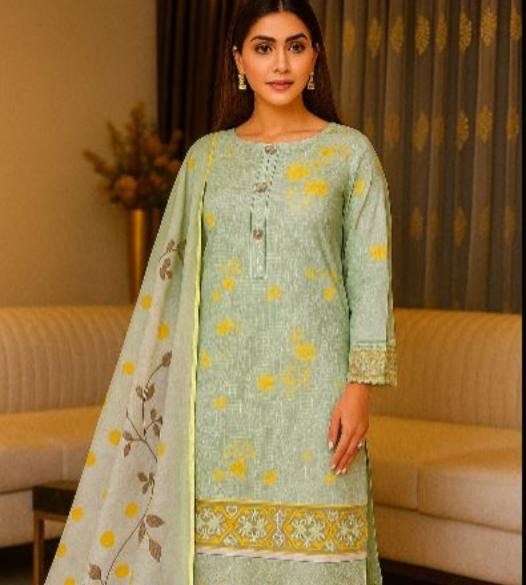 Egyptian Cotton 3-Piece Suit – Pastel Green with Yellow Floral Embroidery & Printed Dupatta