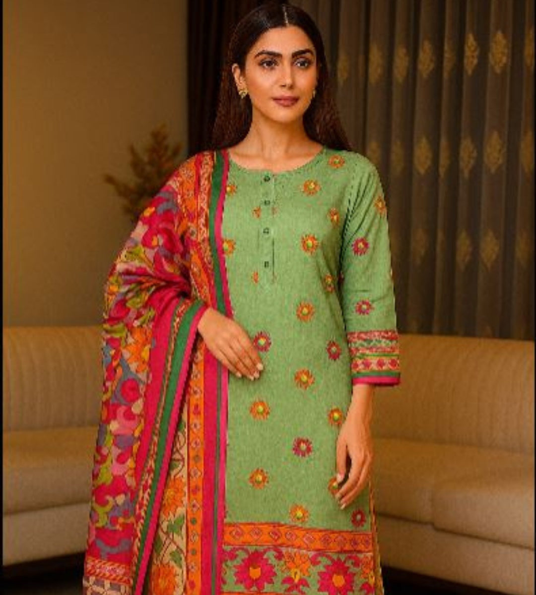 Egyptian Cotton 3-Piece Suit – Green with Vibrant Printed Dupatta