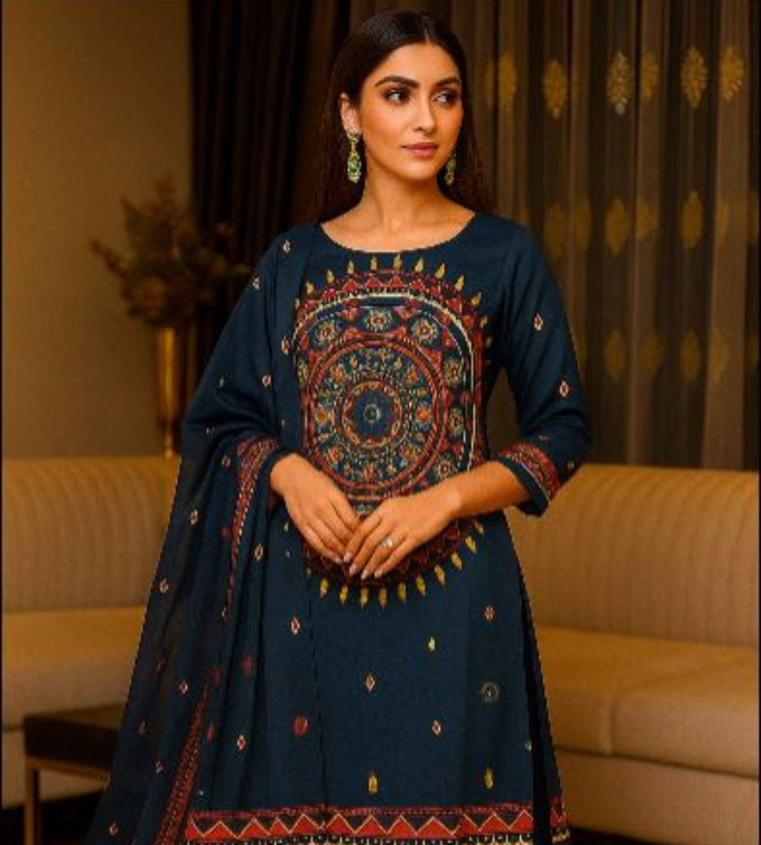 Black Digital Printed Kurta Set with Mandala Design & Matching Dupatta