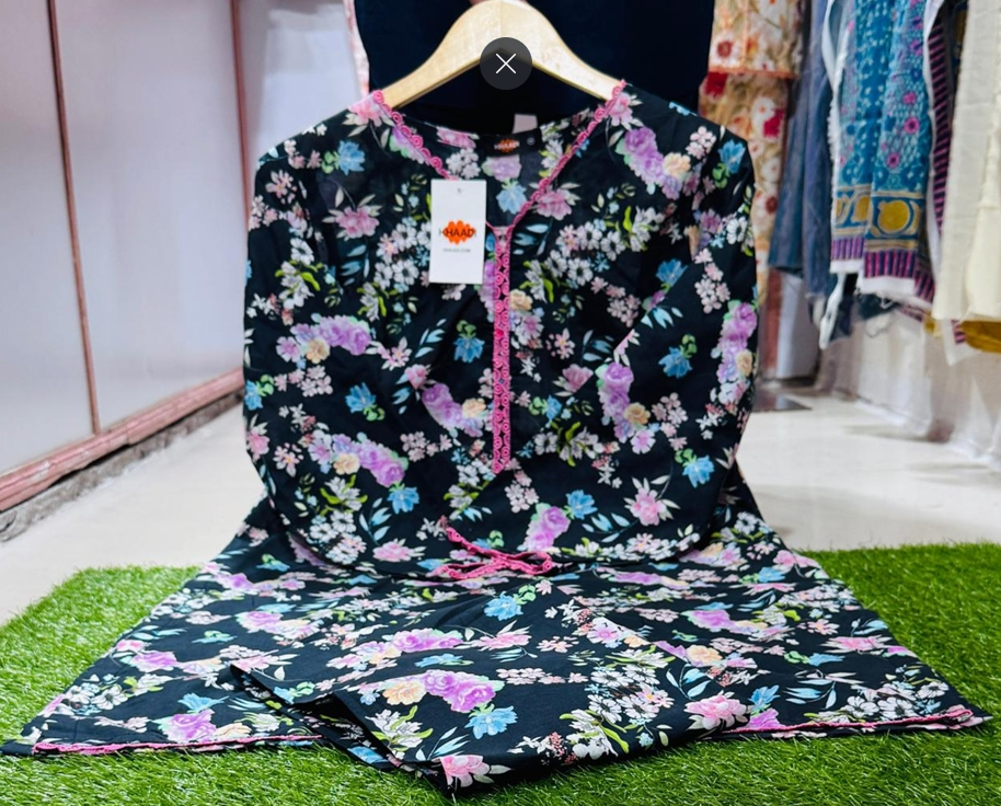 Floral Printed 2-Piece Suit – Black Base with Multicolor Flowers