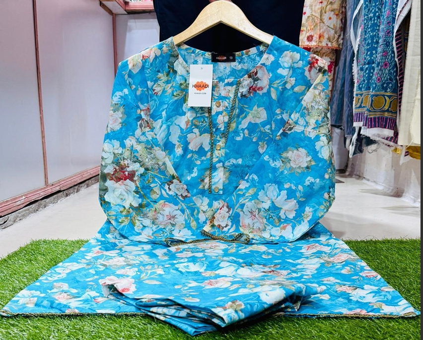 Elegant Blue Floral Printed 2-Piece Suit